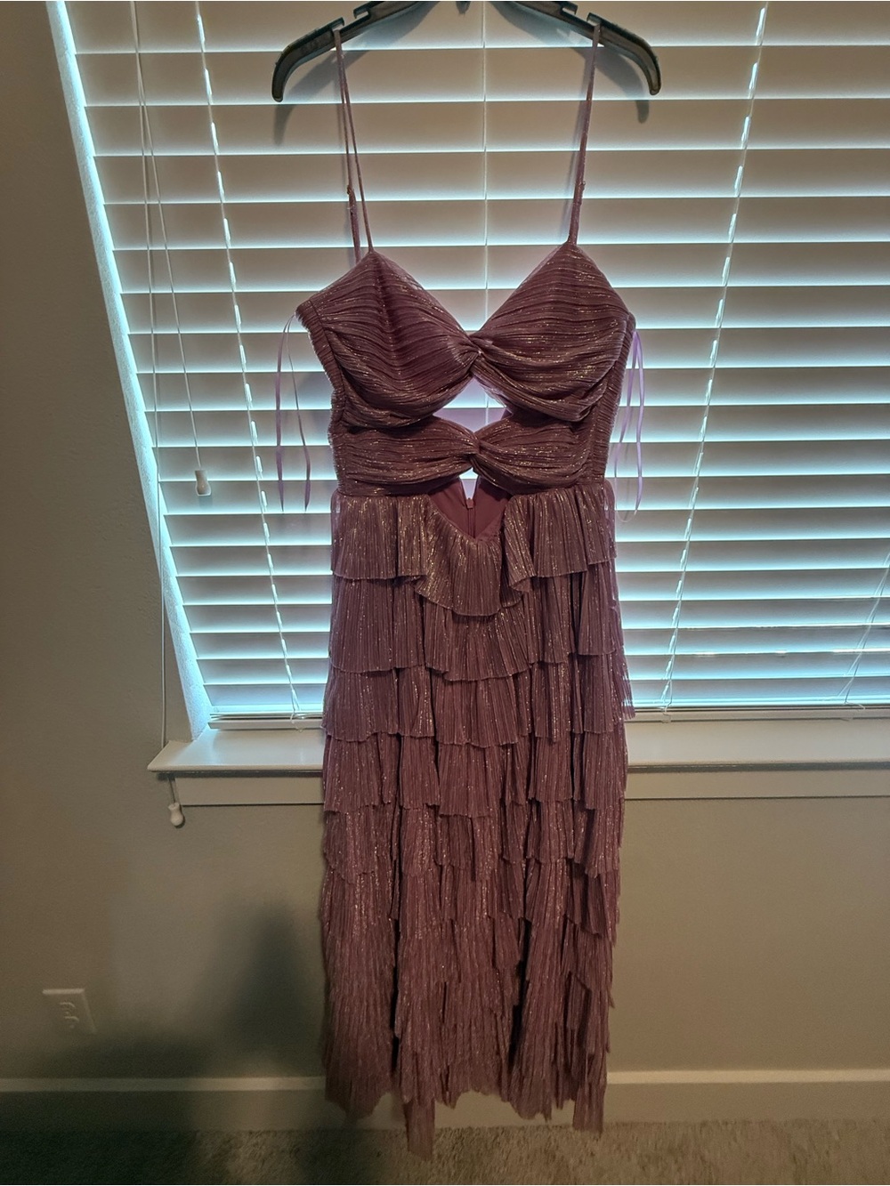 Mauve Glitter Tiered Ruffle Dress with Cutout Detail